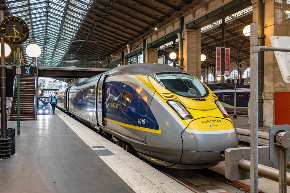 Eurostar train at Gare du Nord station in Paris.
