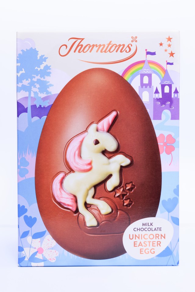 Thorntons milk chocolate Easter egg with a unicorn design.
