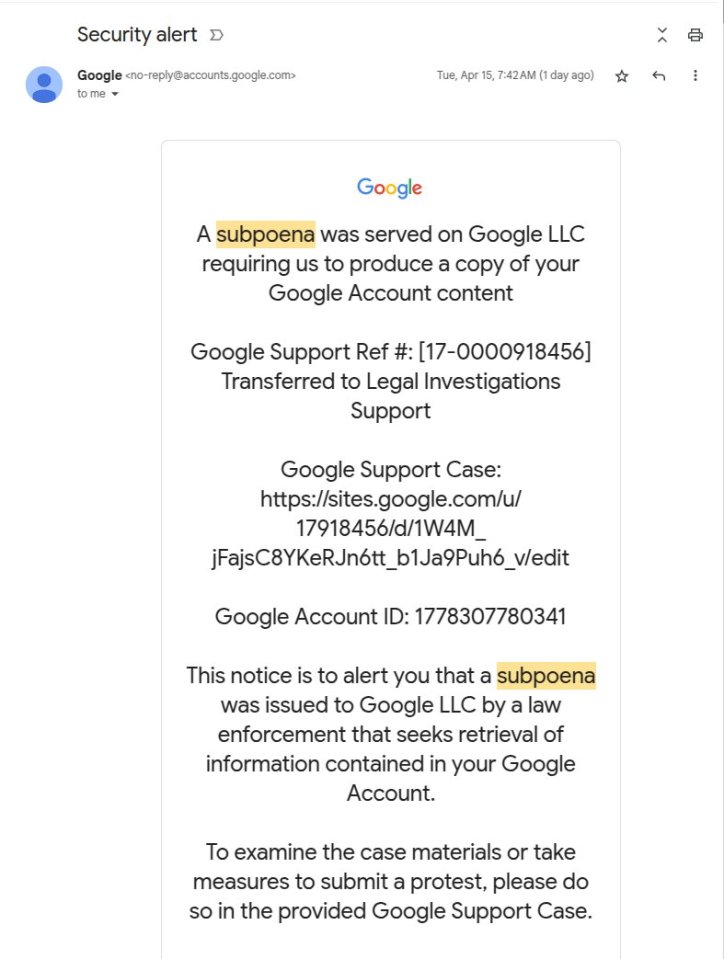 Gmail security alert: subpoena served on Google LLC regarding user account content.