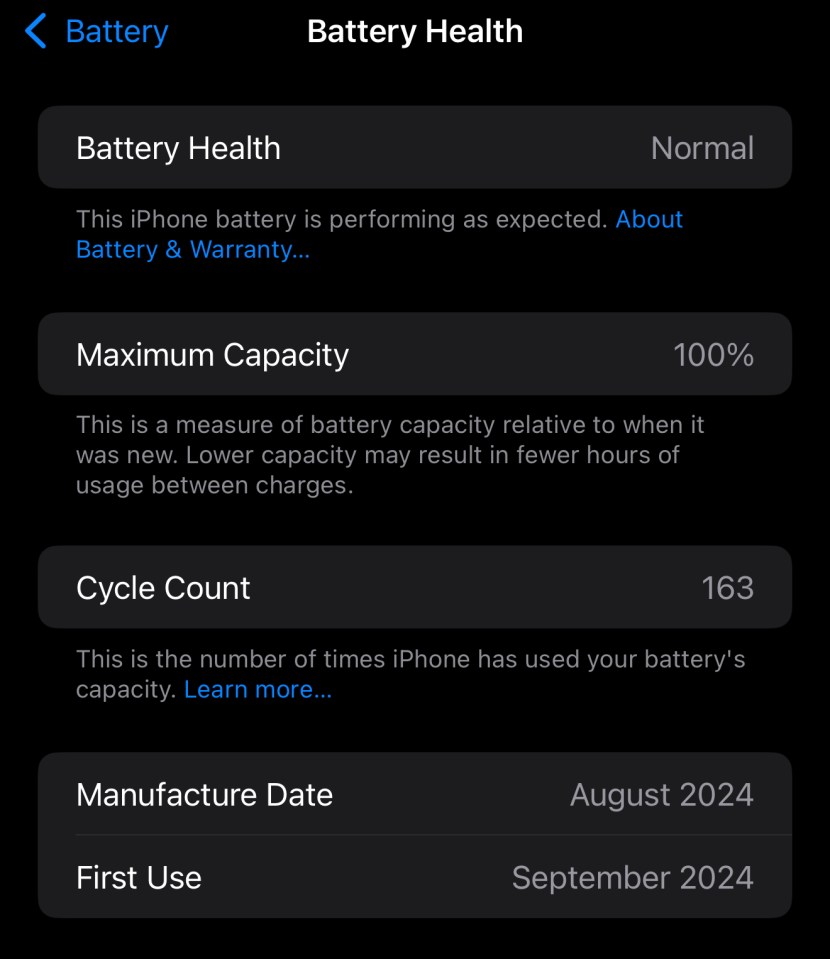 iPhone battery health report: normal, 100% maximum capacity, 163 cycle count.