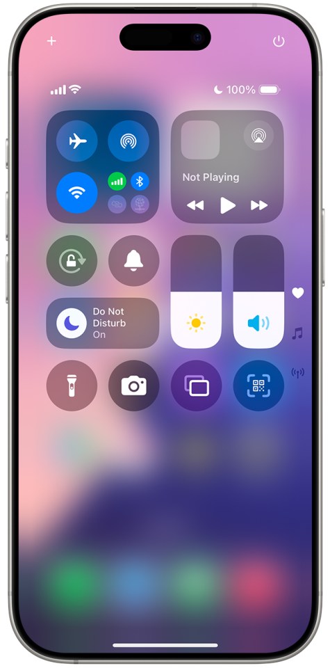 iPhone control center showing Do Not Disturb is on.