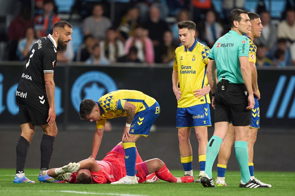 Soccer goalie injured on the field.