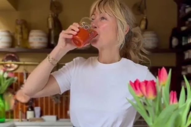 An image collage containing 1 images, Image 1 shows Woman drinking juice in kitchen