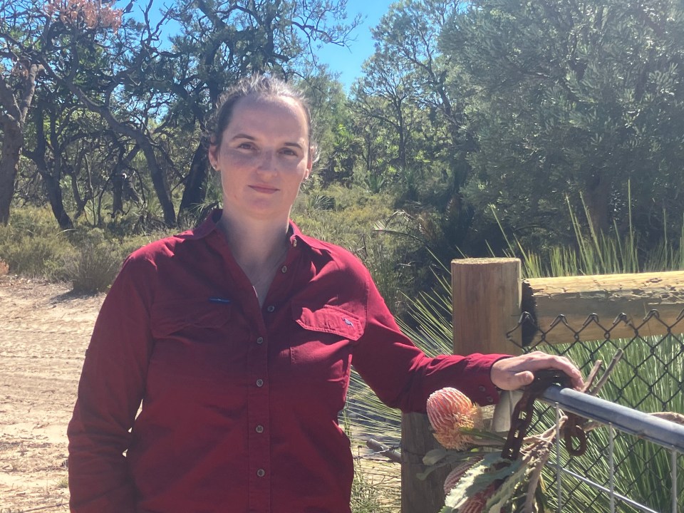 Woman in red shirt standing by a gate in a wooded area.