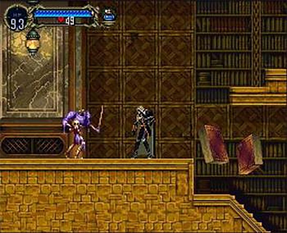 Screenshot from Konami game showing characters in a library setting.