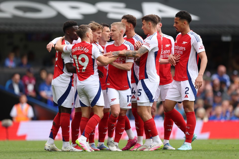 Arsenal players celebrating a goal.