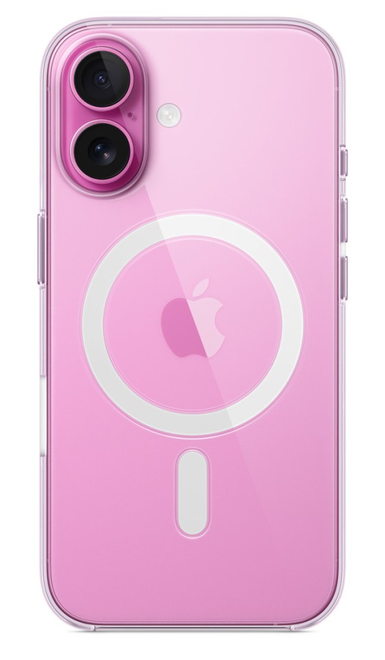 Pink iPhone in a clear case with MagSafe charger.