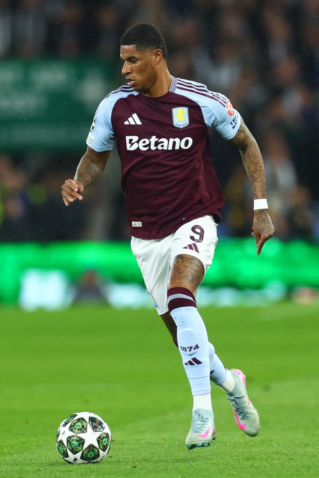 Marcus Rashford of Aston Villa in action during a soccer match.
