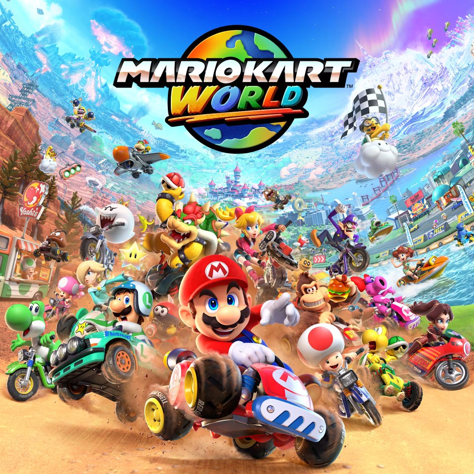 Illustration of Mario Kart World characters racing.