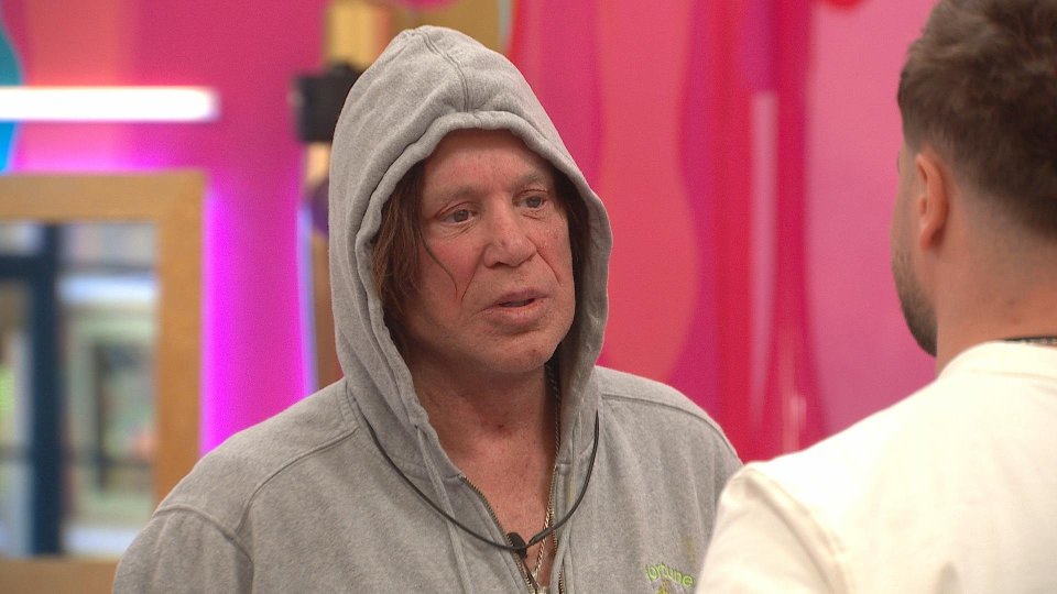Mickey Rourke in conversation with Chris Hughes on Celebrity Big Brother.