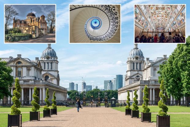 An image collage containing 4 images, Image 1 shows Old Royal Naval College in Greenwich, London, Image 2 shows Spiral staircase in the Queen's House, Greenwich, Image 3 shows Royal Observatory Greenwich building, Image 4 shows Tourists viewing Michelangelo's Sistine Chapel ceiling