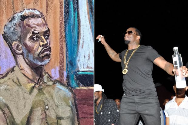 An image collage containing 2 images, Image 1 shows Courtroom sketch of Sean "Diddy" Combs during arraignment, Image 2 shows Diddy at a concert in Kingston, Jamaica