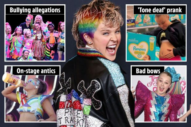 An image collage containing 1 images, Image 1 shows Collage of JoJo Siwa's controversies: bullying allegations, a tone-deaf prank, on-stage antics, and bad bows