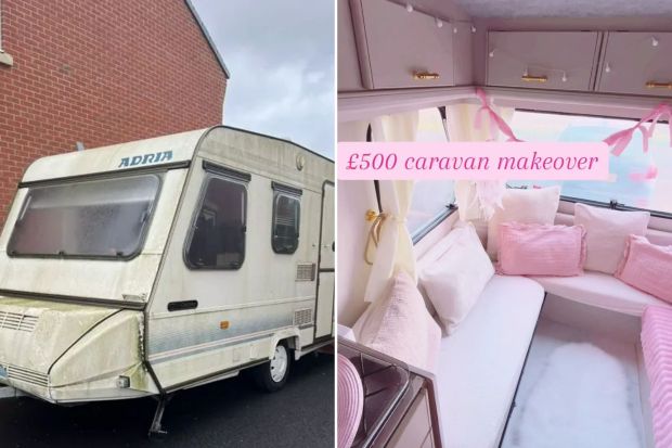 An image collage containing 2 images, Image 1 shows A weathered Adria caravan, Image 2 shows £500 caravan makeover in pink