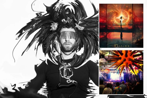 An image collage containing 3 images, Image 1 shows Black and white illustration of a man with a beard wearing a metal blindfold and necklaces, surrounded by swirling abstract shapes, Image 2 shows Illustration of a person waiting before a fiery portal, Image 3 shows Large crowd at an indoor music festival with colorful decorations