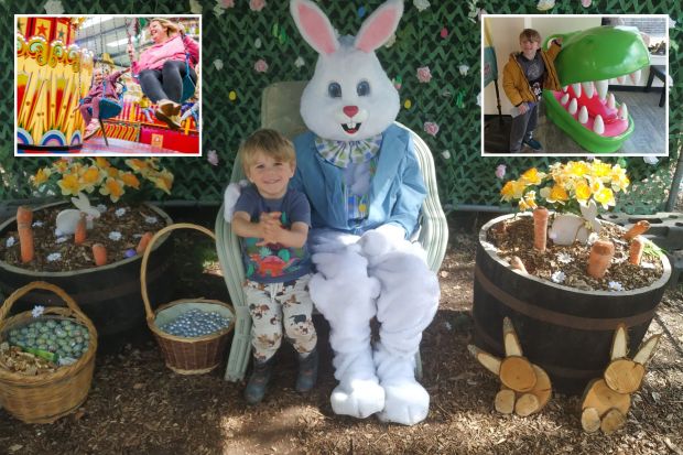 An image collage containing 3 images, Image 1 shows Young boy sitting with Easter Bunny, Image 2 shows Woman and child on a carousel swing, Image 3 shows Boy standing by large dinosaur mouth sculpture