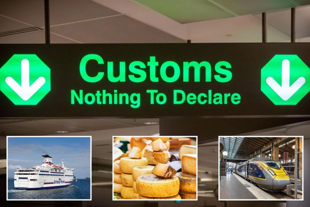 An image collage containing 4 images, Image 1 shows Airport customs sign: Nothing to declare, Image 2 shows Assortment of Italian cheeses, Image 3 shows Brittany Ferries passenger ferry sailing, Image 4 shows Eurostar train at Gare du Nord station in Paris