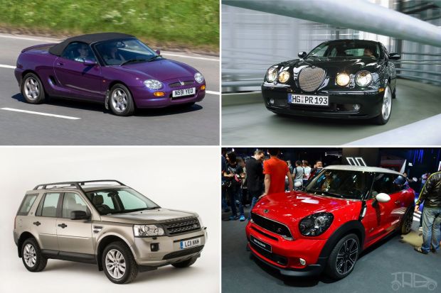 An image collage containing 4 images, Image 1 shows Purple MG F convertible driving on a highway, Image 2 shows Black Jaguar S-Type R driving, Image 3 shows Red Mini Paceman at a car exhibition, Image 4 shows Land Rover Freelander 2 TD4 HSE