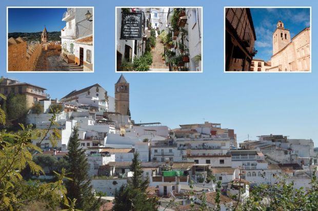 An image collage containing 4 images, Image 1 shows View of Santa Maria Church in Velez Malaga, Spain, Image 2 shows Cobbled alley overlooking Velez Malaga, Spain, with the church of San Juan Bautista in the background, Image 3 shows Steep, plant-lined street in Velez Malaga, Spain, Image 4 shows Brick buildings and church tower in Arevalo, Spain