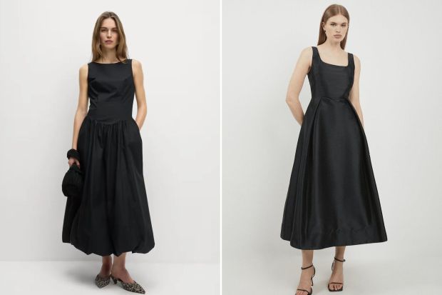 An image collage containing 2 images, Image 1 shows Model wearing a black midi dress, Image 2 shows Model wearing a black midi dress