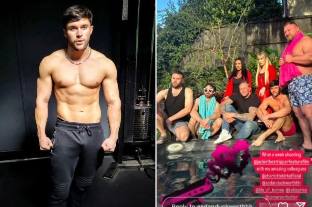 An image collage containing 2 images, Image 1 shows Shirtless man flexing in gym, Image 2 shows Group photo of actors and Katie Price by a hot tub