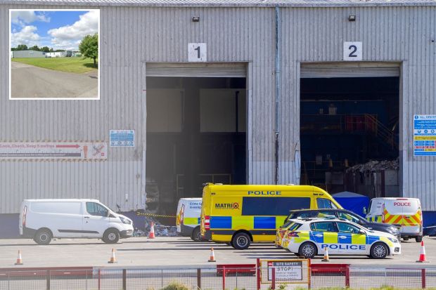 An image collage containing 2 images, Image 1 shows Police vehicles at a recycling plant following the discovery of human remains, Image 2 shows Tofts Farm Industrial Estate