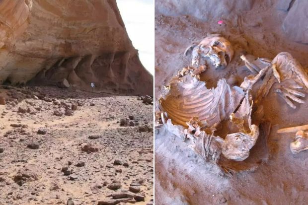 An image collage containing 2 images, Image 1 shows Archaeological site in the Green Sahara, Image 2 shows Ancient human remains unearthed in the Green Sahara