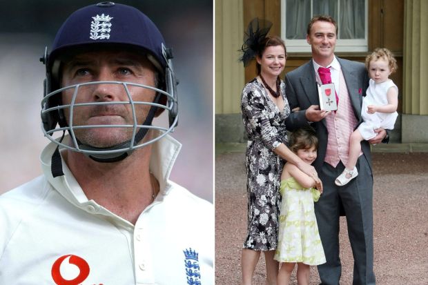 An image collage containing 2 images, Image 1 shows Photo of Graham Thorpe in cricket whites and helmet, Image 2 shows Graham Thorpe MBE with his wife and two daughters at Buckingham Palace