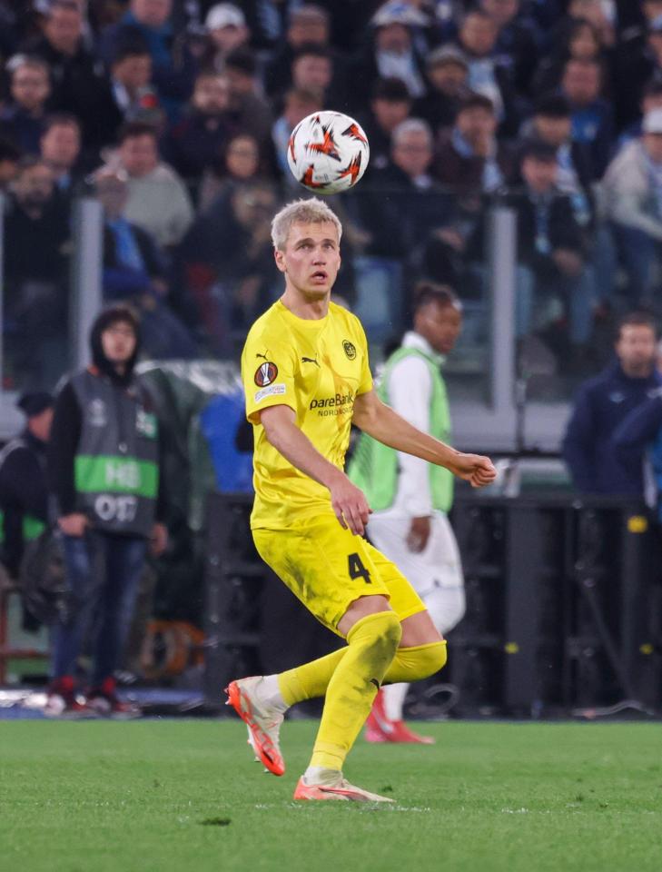 Odin Bjortuft of FK Bodo/Glimt heading a soccer ball.