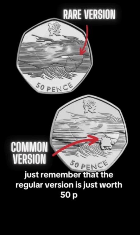 Rare and common versions of an Olympic Aquatics 50p coin.