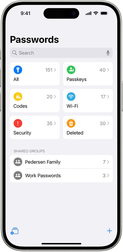iPhone screen showing password manager with categories for all passwords, passkeys, codes, Wi-Fi, security, and deleted passwords.