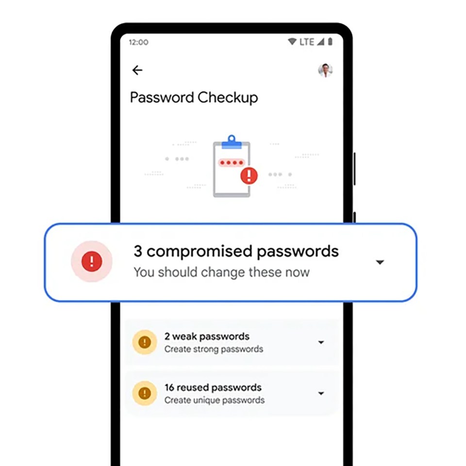 Smartphone screen showing a password checkup with 3 compromised, 2 weak, and 16 reused passwords.