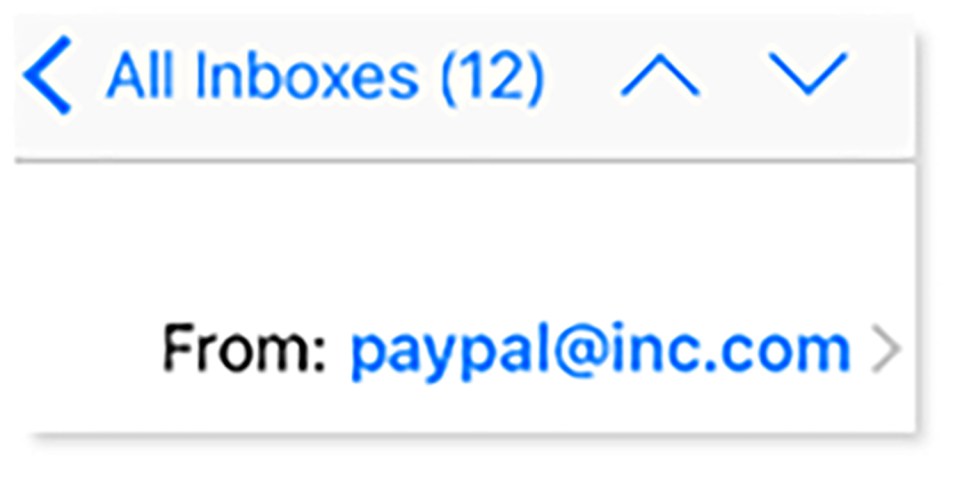 Email from paypal@inc.com in inbox.