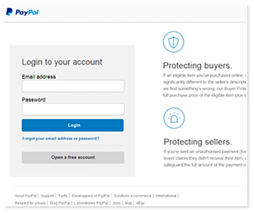 PayPal login page with information on buyer and seller protection.