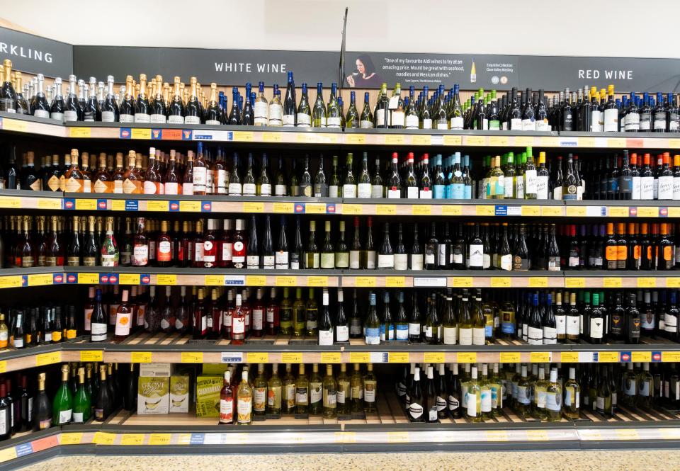 Wine aisle in an Aldi supermarket.