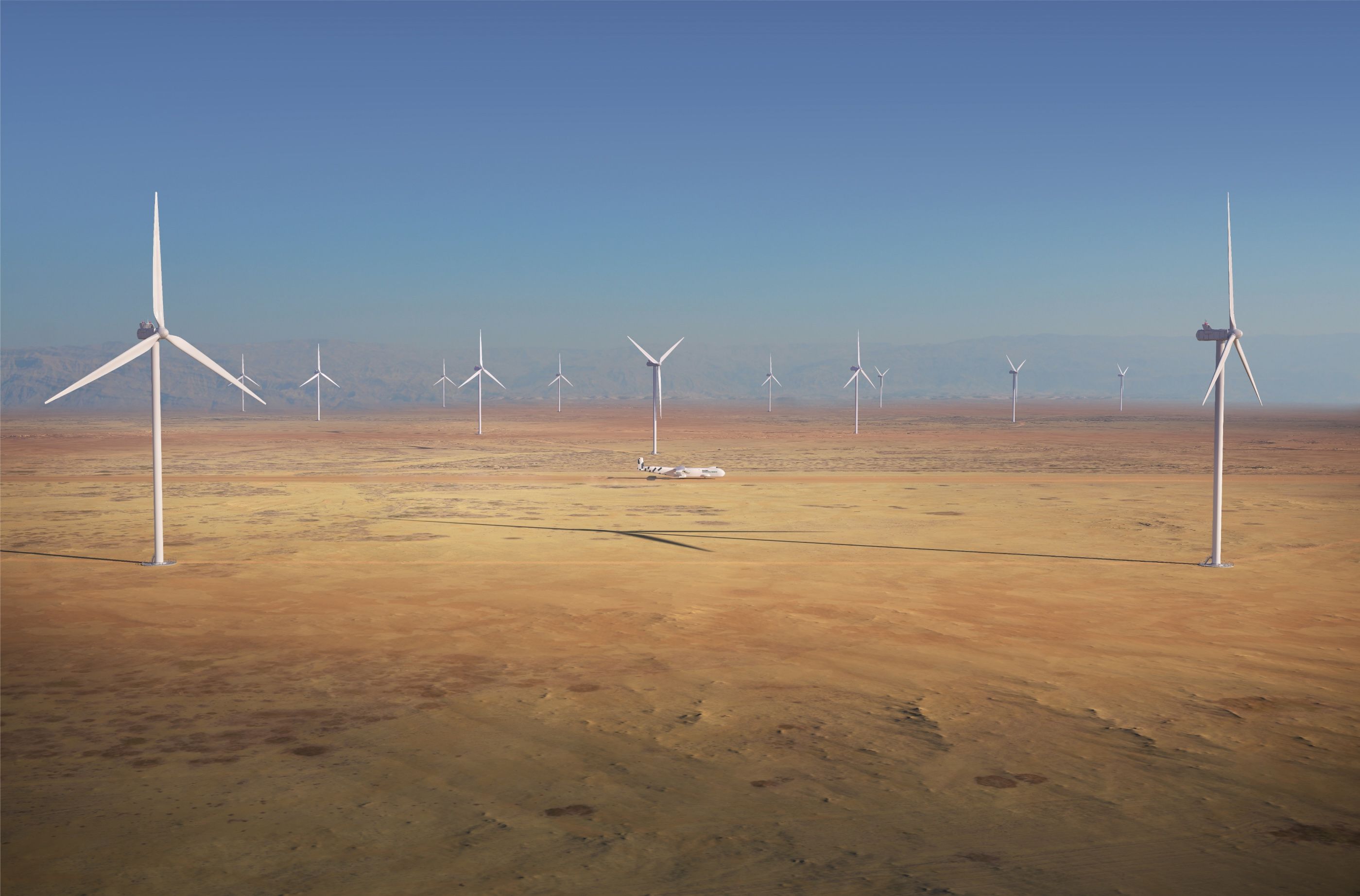 Illustration of wind turbines in a desert with a large aircraft in the center.
