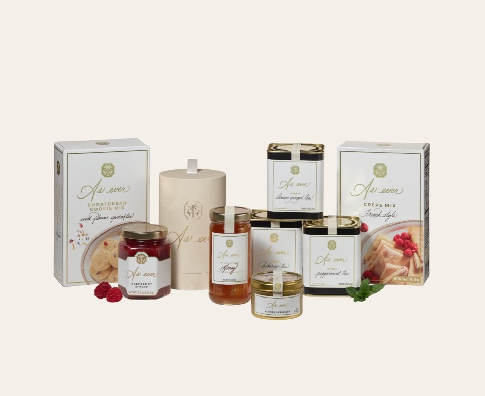 As Ever food gift set with cookies, jam, honey, tea, and crepe mix.