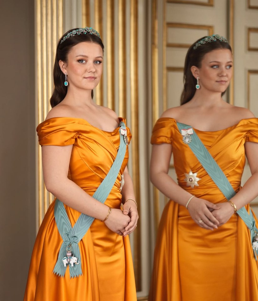 Princess Isabella of Denmark in an orange gown and tiara.