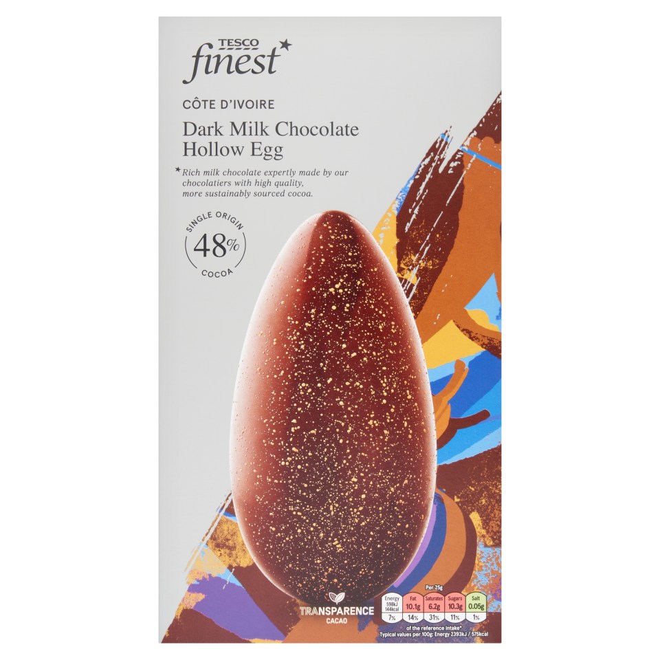 Tesco Finest Easter egg packaging; dark milk chocolate hollow egg, 48% cocoa.