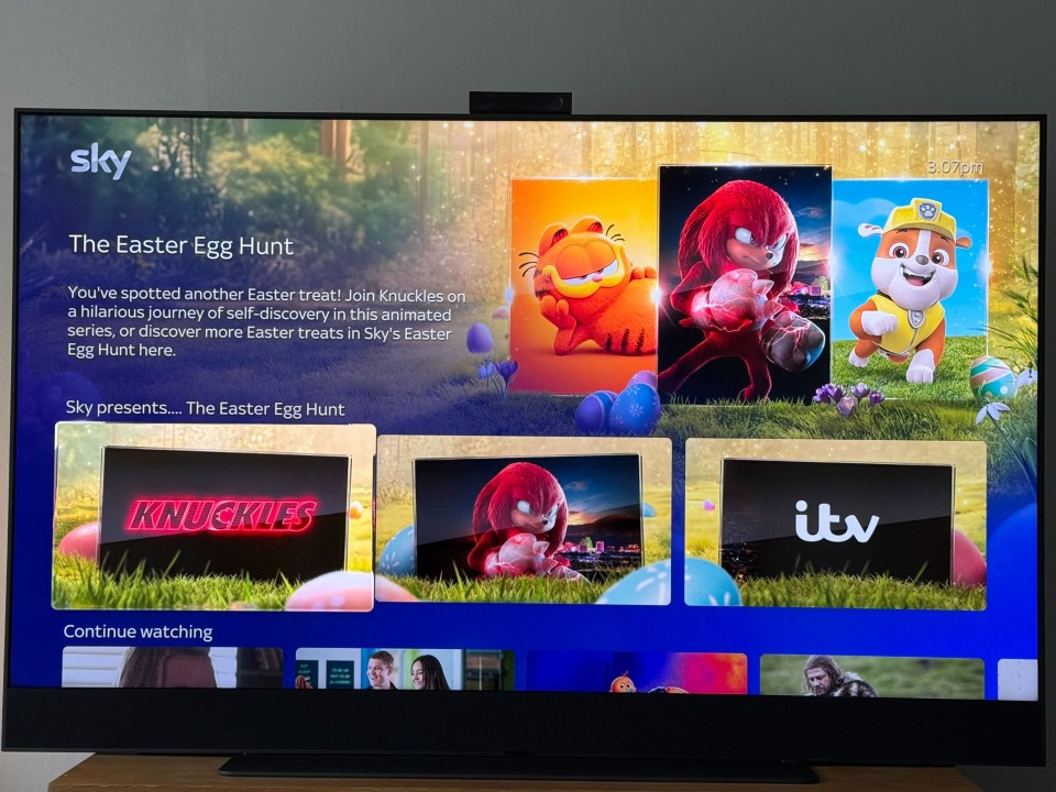 Sky's Easter Egg Hunt promotional screen showing Knuckles, Garfield, PAW Patrol, and other characters.
