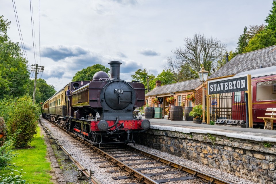 Steam train arriving at Staverton station.