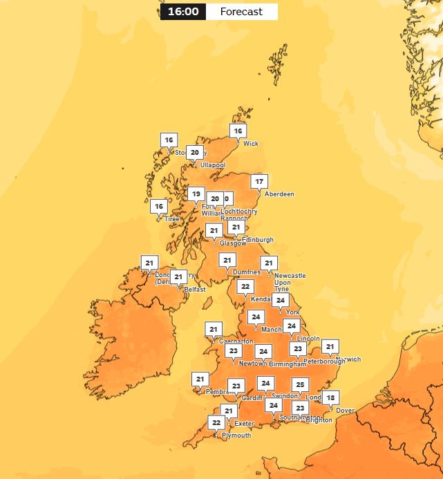 UK weather forecast map showing temperatures.