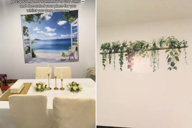 An image collage containing 2 images, Image 1 shows A dining table set with beach-themed wall art, Image 2 shows Wall decal of hanging plants