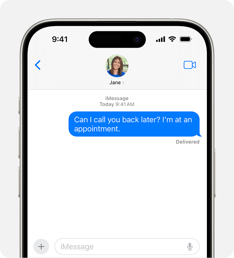iPhone screen showing an iMessage text: "Can I call you back later? I'm at an appointment."