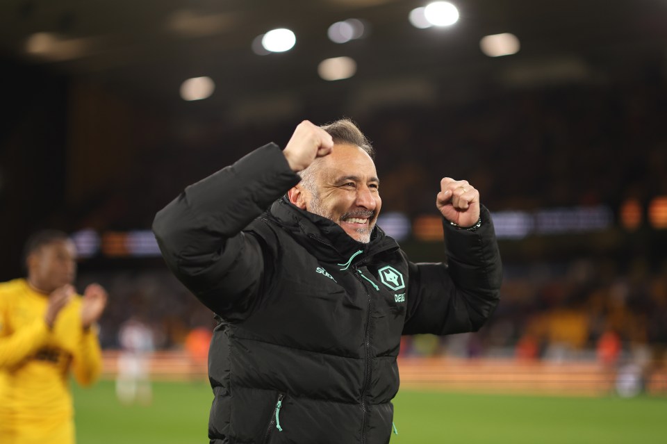 Vitor Pereira, manager of Wolverhampton Wanderers, celebrates a victory.