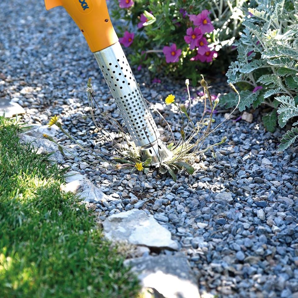 Weed burner being used to kill weeds in a garden.