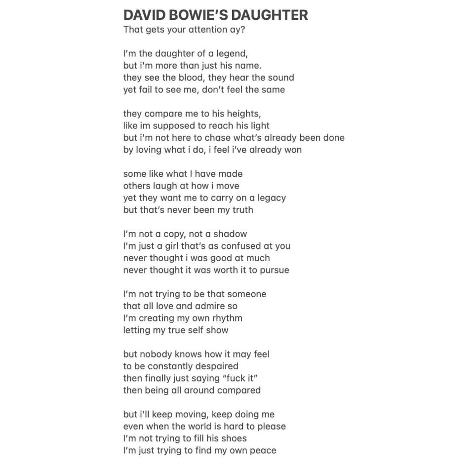 Poem by Lexi Jones Bowie about her father, David Bowie.