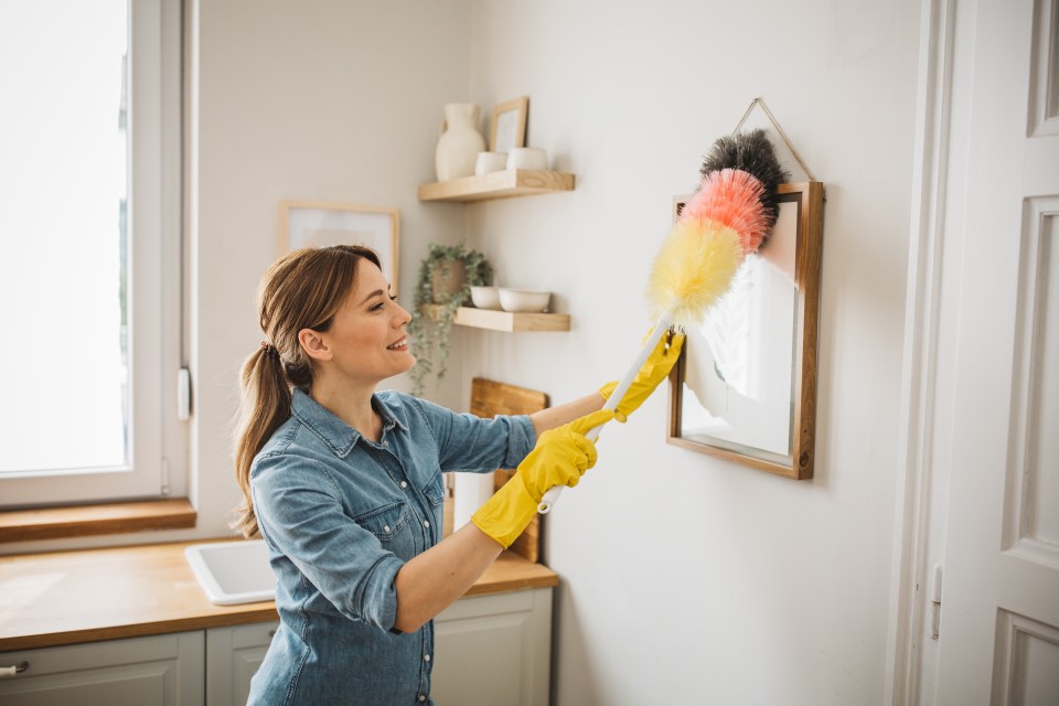 Woman dusting a framed picture in her kitchen.
