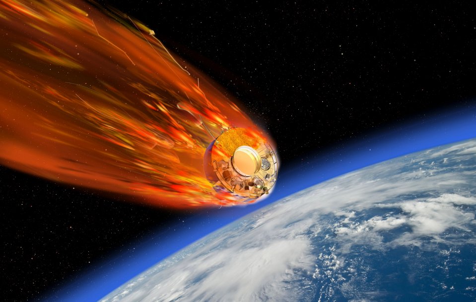 Illustration of a satellite burning up in Earth's atmosphere.