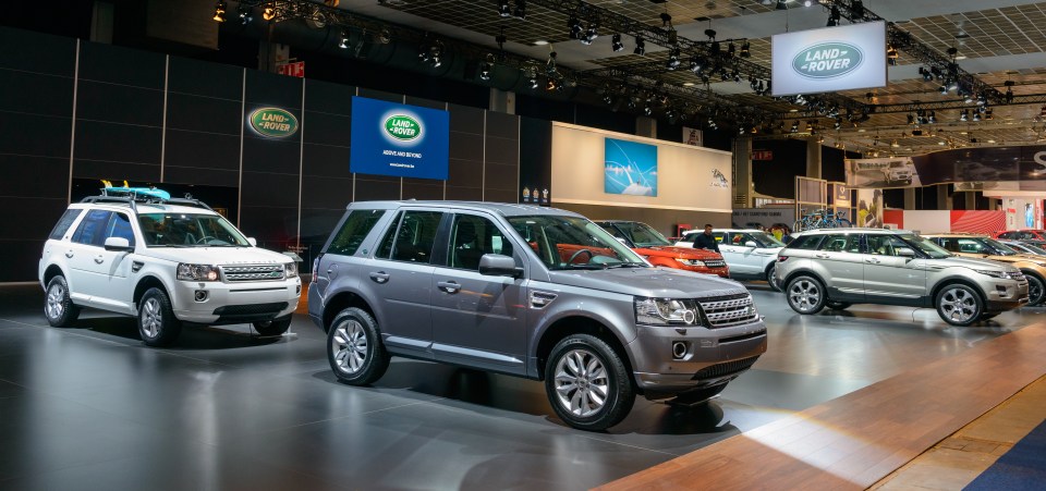 Land Rover Freelander 2 and Evoque models on display at the Brussels Motor Show.